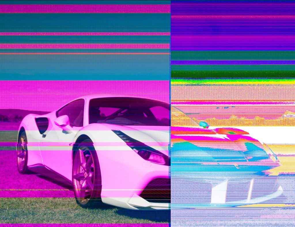 A glitched out photo of a Prior Design Ferrari 458